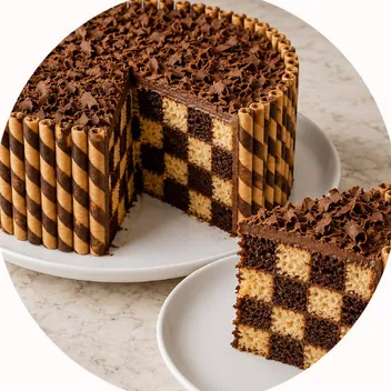 Pastel ajedrez rebanado, con cuadros de vainilla y chocolate.