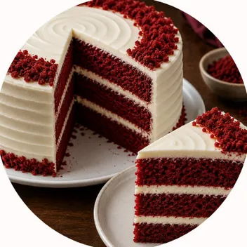 Pastel red velvet rebanado, con capas rojas y betún blanco.