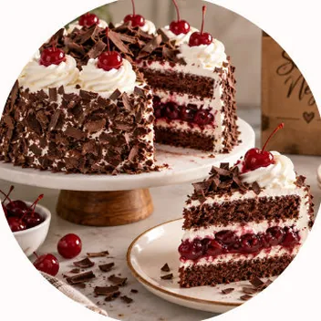 Pastel Selva Negra con crema y cerezas.
