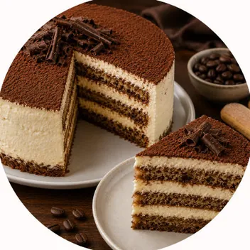 Pastel tiramisú con capas de crema y cacao.