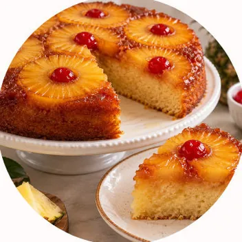 Pastel volteado de piña con cerezas.