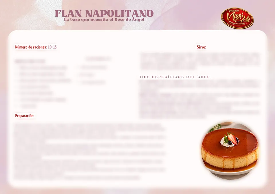 Página de la receta de flan napolitano con el texto difuminado. Se distinguen los apartados de raciones, preparación y tips específicos del chef, y la foto del flan.
