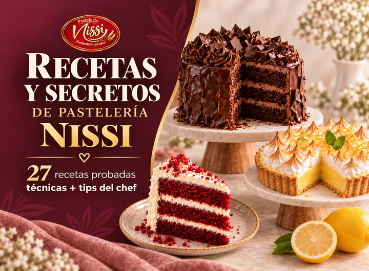 Portada del recetario Recetas y Secretos de Pastelería Nissi, con un pastel de chocolate, una rebanada de red velvet y un pay de limón con merengue.